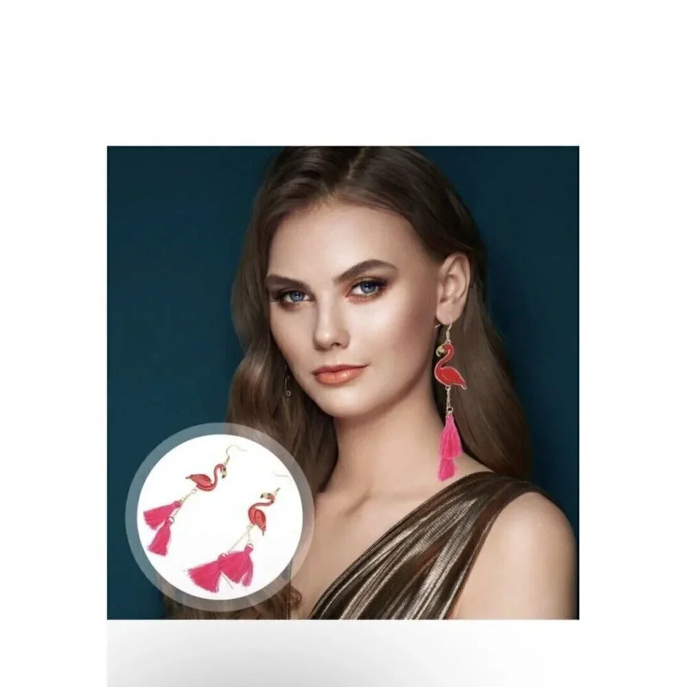 Pink Gold Enamel Flamingo Dangle Fashion Earrings